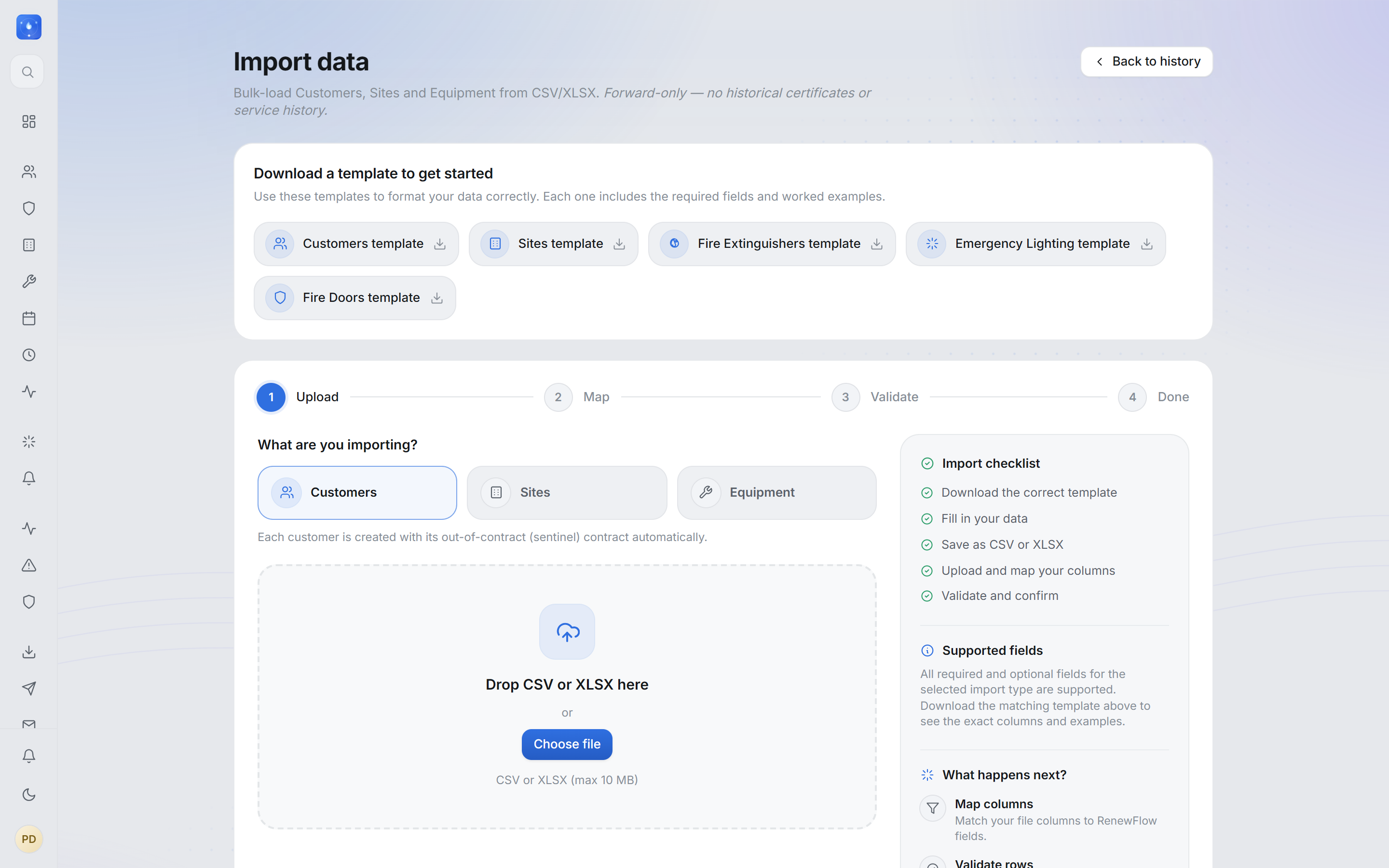 RenewFlow guided import — download a template, choose what you’re importing, drop a CSV or XLSX, then map, validate and confirm.